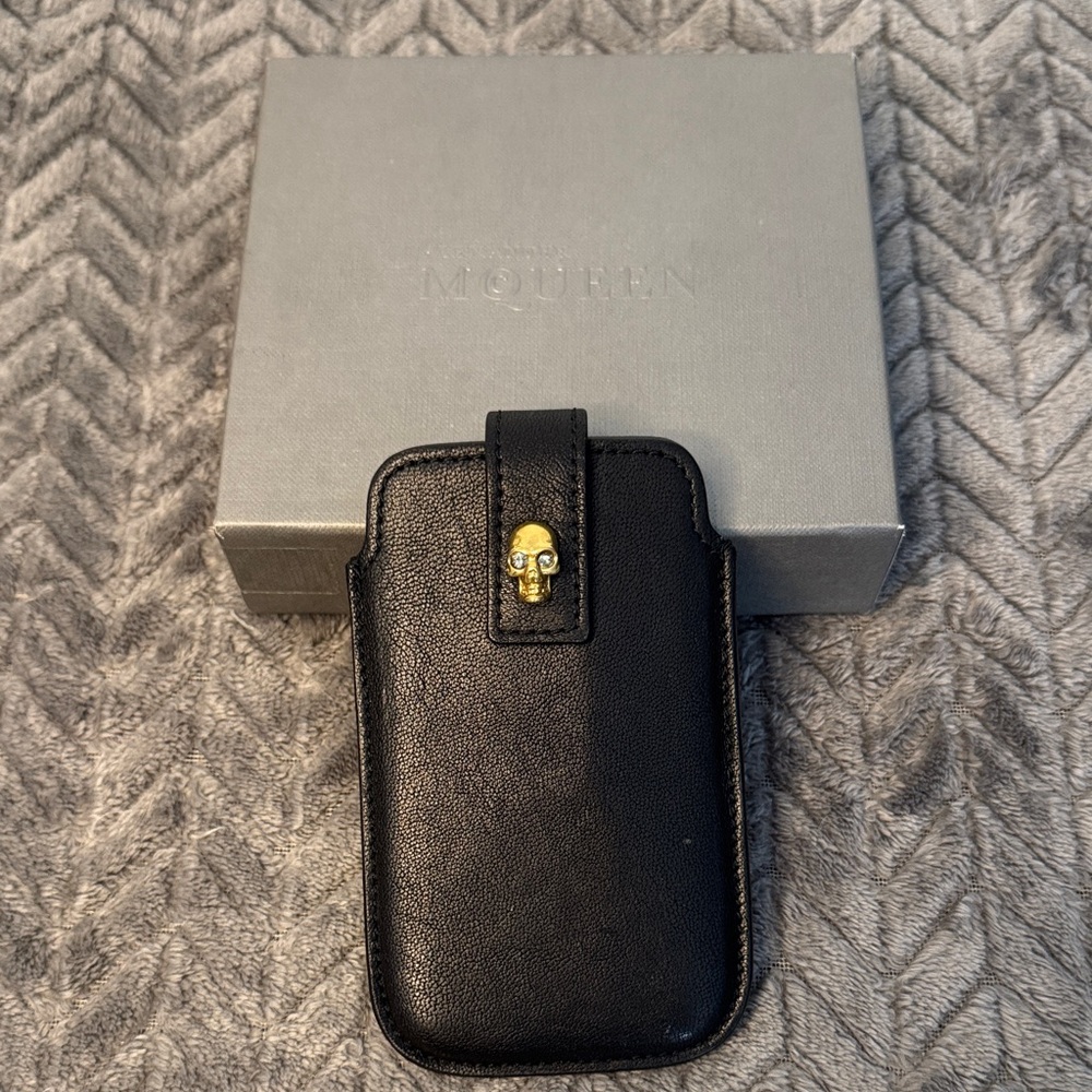Alexander McQueen Black Phone Holder with Gold Skull Detail